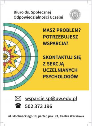 plakat informujący o wsparciu psychologicznym dla społeczności akademickiej PW